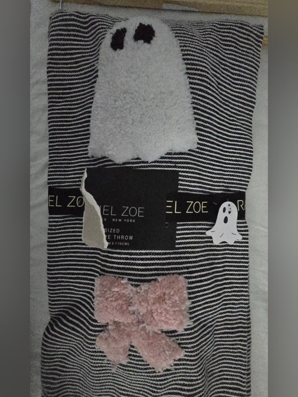 Rachel Zoe Black White Striped Throw Ghost Pink Bow Tassel